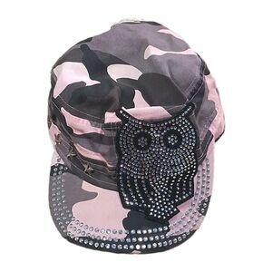 crown womens pink camo owl rhinestone studded military cadet hat cap y2k cowgirl